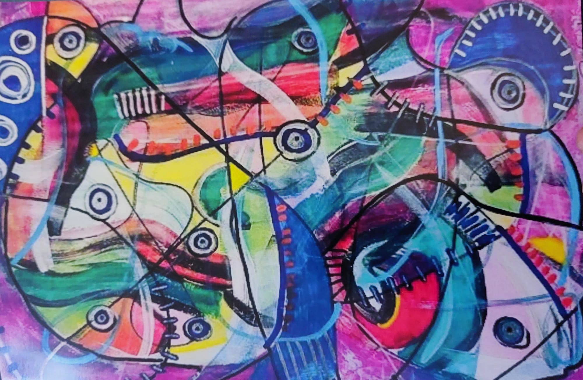 An abstract painting with multiple eyes, creatures and colours across turquoise, orange, pink and red.